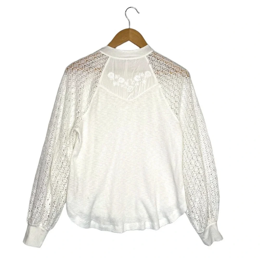 Free People Top Womens S Sweetest Thing Waffle Embroidered Boho Peasant Ivory - Picture 4 of 16